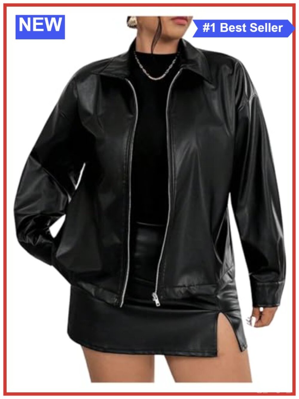 Plus Size Faux Leather Zip Up Bomber Moto Jacket
